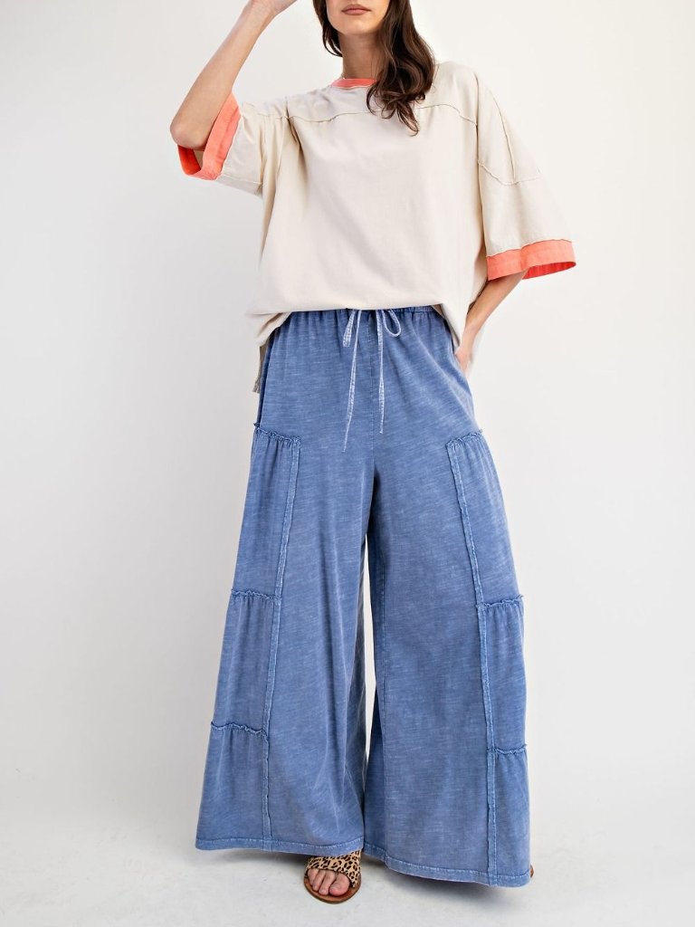 "Caitlin" Tiered Cotton Wide Leg Pants In Denim Blue